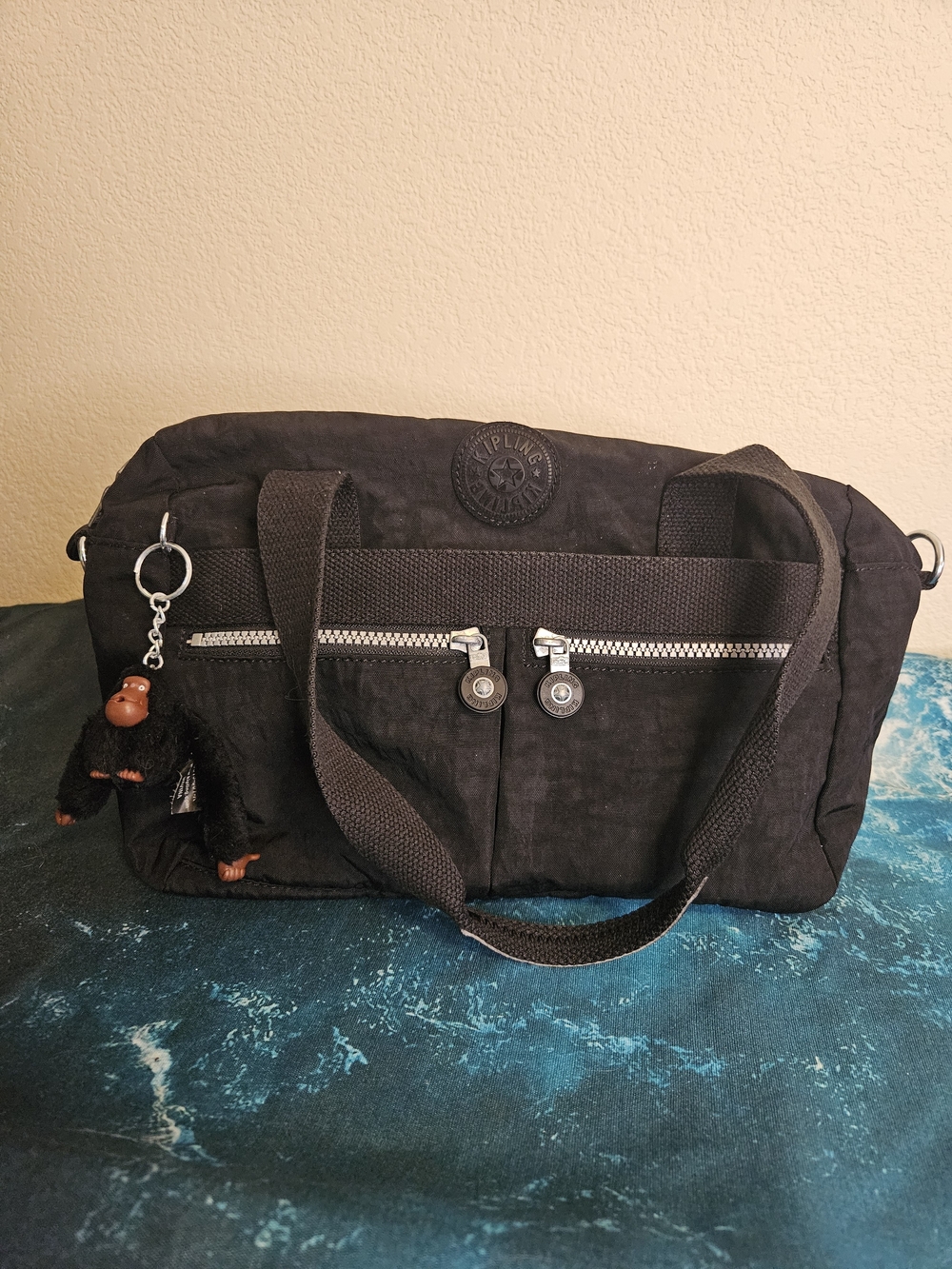Kipling Black Solid Zip Satchel Top Handle Bag Monkey Keychain Lined Silver 13×8